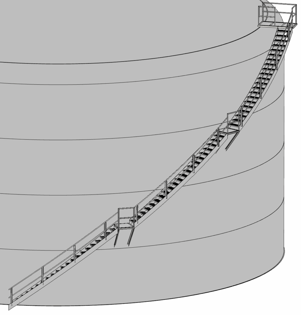 Spiral stairway on exterior of bolted storage tank