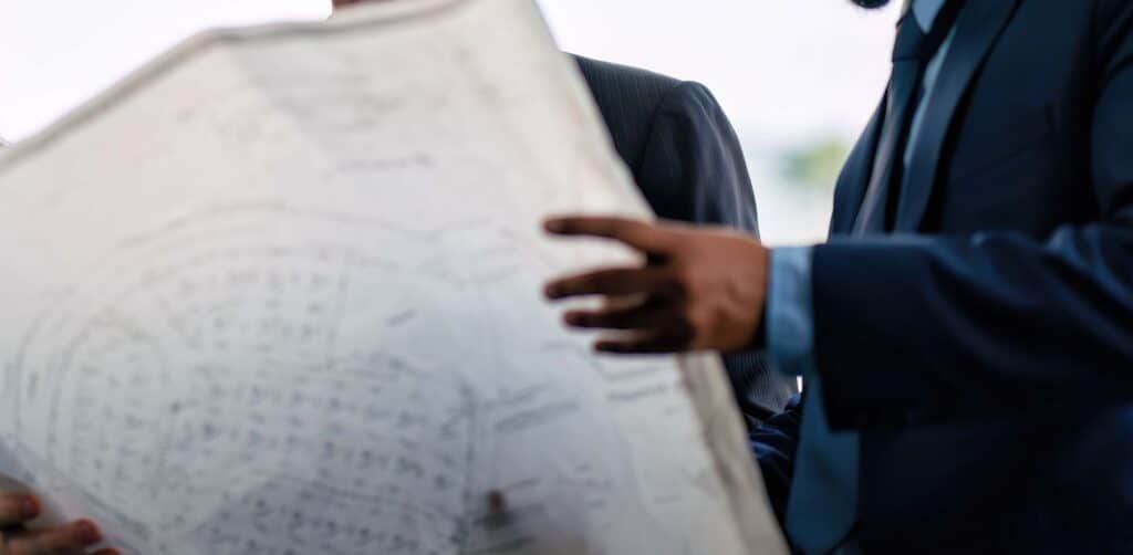 An engineer holds up the design plans for a tank