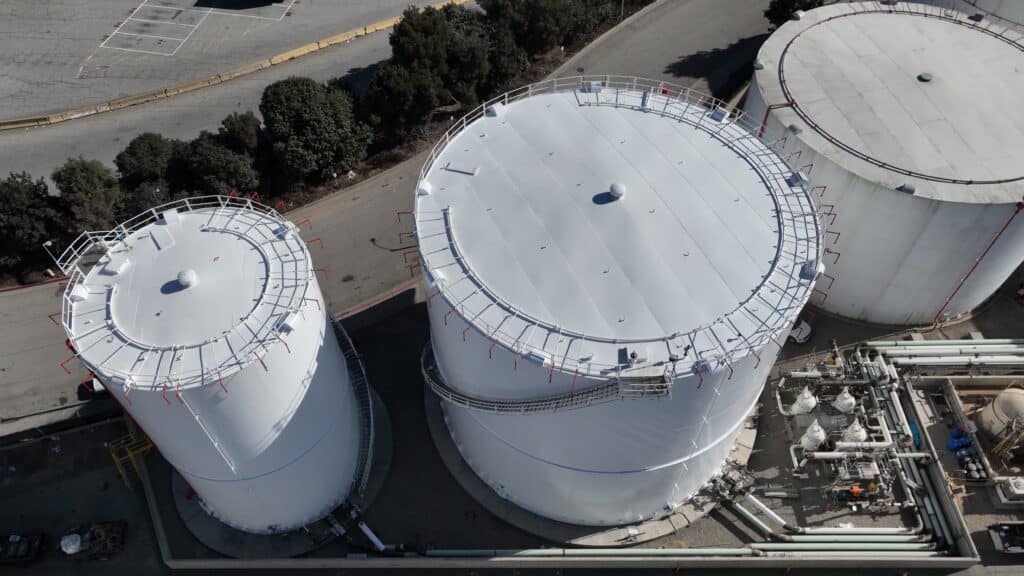 Large industrial storage tanks aerial view