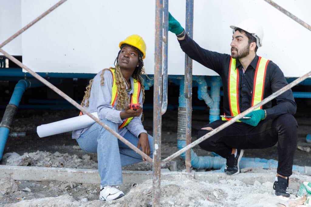 Engineers inspecting construction site together.
